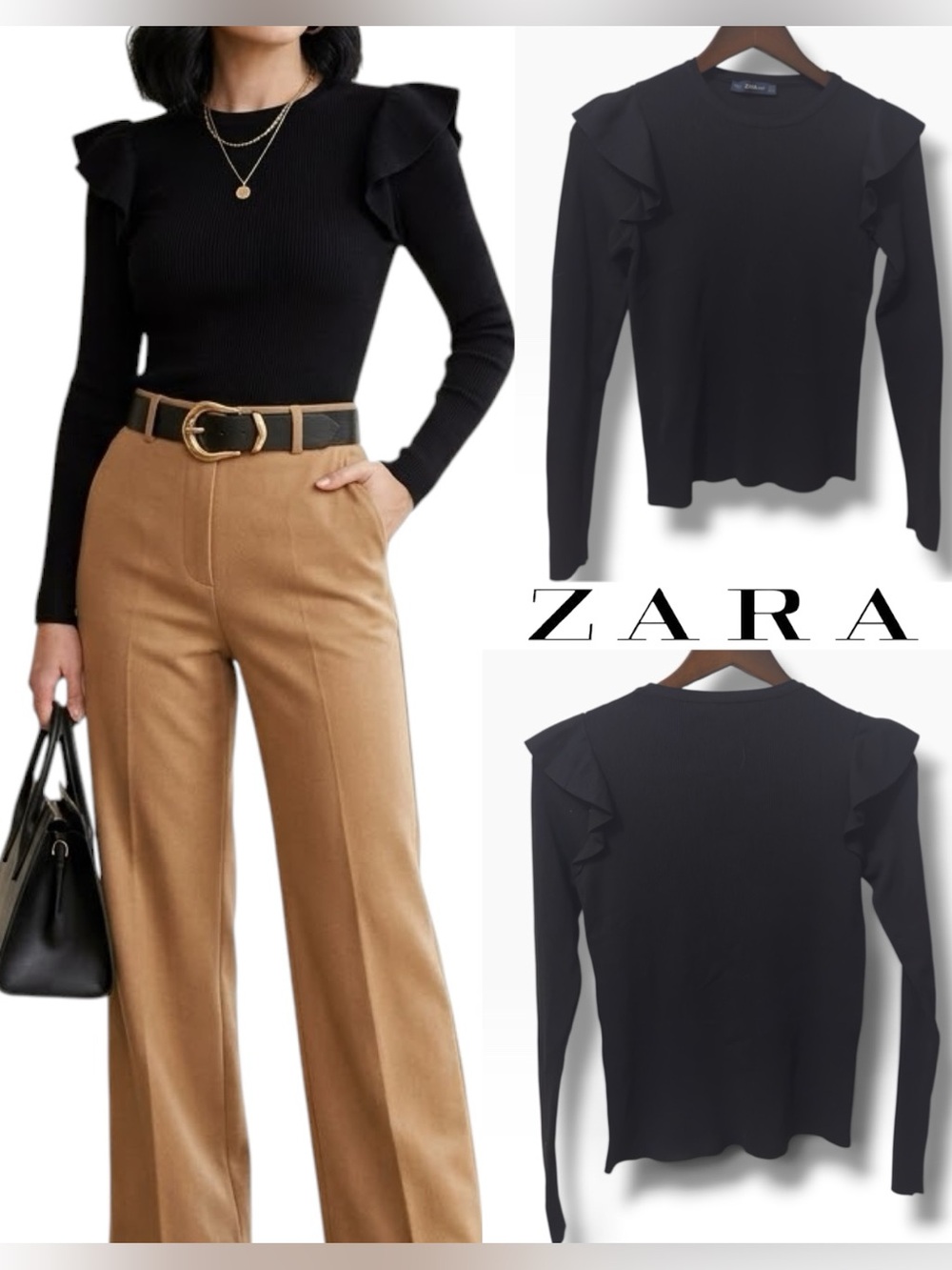Zara | NWOT Turkey Black Ruffled Shoulder Ribbed Knit Sweater (Size S)